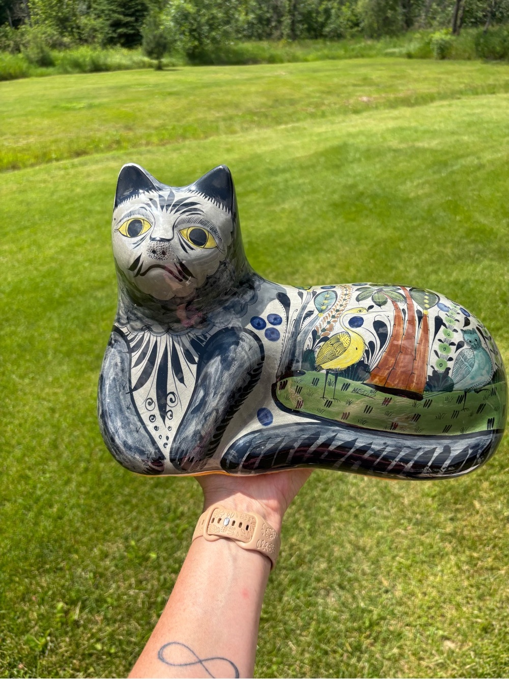 Vintage Ceramic Large Tonala Cat Hand Painted in Mexico